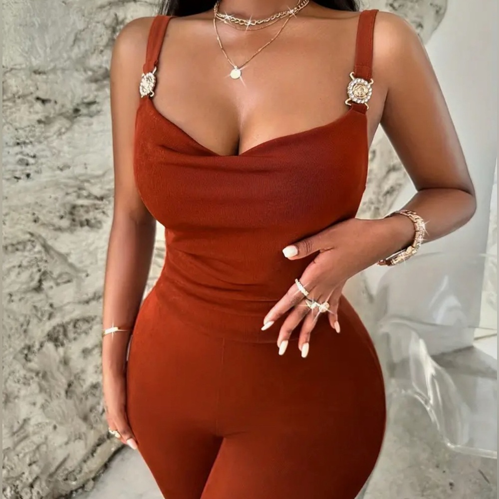 Straight Leg Jumpsuit, Sleeveless Cowl Neck with Strap
